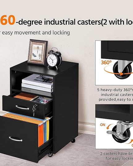 Yaheetech File Cabinet, Under Desk Vertical Cabinet with 2 Drawers and Open Compartment, Printer Stand with Lockable Wheels for A4 Letter Size Hangable File Folders for Home Office(Black) - LeafyLoom