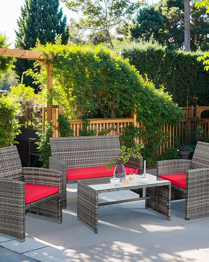 Shintenchi 4-Piece Outdoor Gray Wicker Patio Conversation Furniture Set, Rattan Patio Furniture Set with Weather Resistant Cushions and Tempered Glass Tabletop,Red - LeafyLoom
