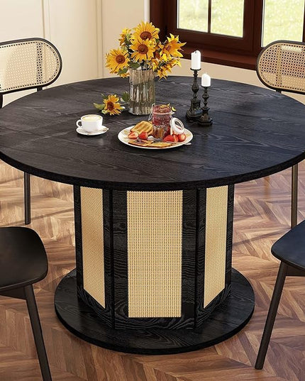 DWVO Round Dining Table for 4-6 People, 47 Inch Farmhouse Kitchen Table with Rattan Circular Base, Wooden Dinner Table for Dining Room Family Gathering, Black - LeafyLoom