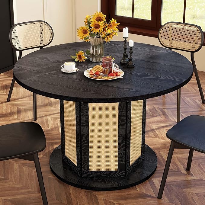 DWVO Round Dining Table for 4-6 People, 47 Inch Farmhouse Kitchen Table with Rattan Circular Base, Wooden Dinner Table for Dining Room Family Gathering, Black - LeafyLoom
