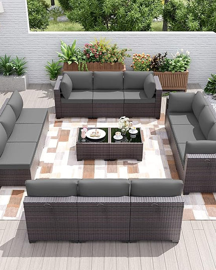 Patio Furniture Set 14-Pieces Outdoor Furniture for Backyard Wicker Sectional Sofa Set, Rattan Patio Conversation Set with Thickened Cushions and Glass Coffee Table, Grey - LeafyLoom