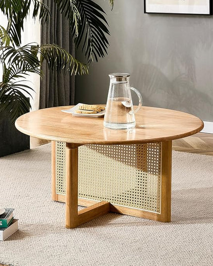 33.5" inch Round Coffee Table with Soild Wood Tabletop, Modern Coffee Table with Faux Rattan Weave & Solid Wood Bracket, for Living Room Bedroom - LeafyLoom