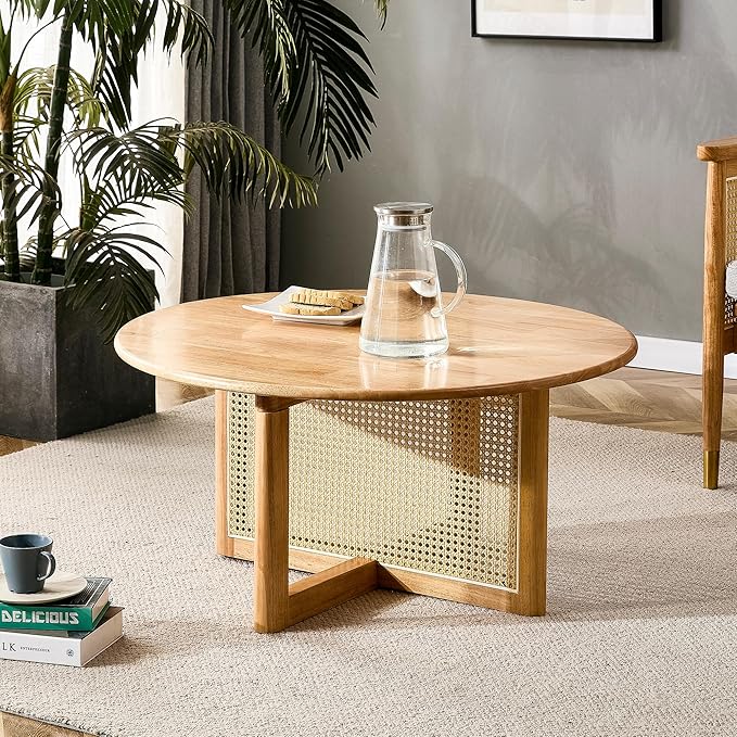 33.5" inch Round Coffee Table with Soild Wood Tabletop, Modern Coffee Table with Faux Rattan Weave & Solid Wood Bracket, for Living Room Bedroom - LeafyLoom
