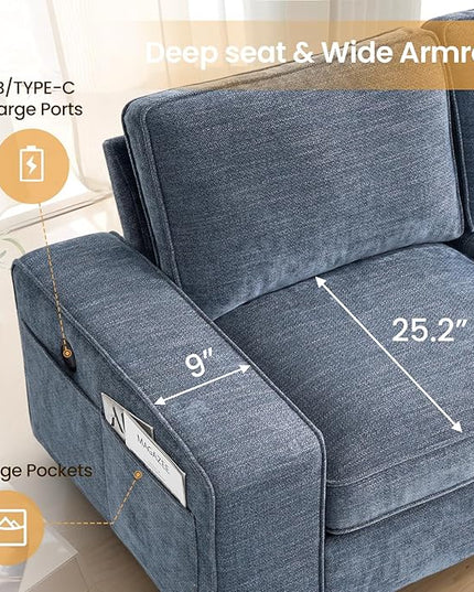 COHOME 100" L-Shaped Couch with Storage, Chenille Upholstered Deep Seat Couch for Living Room, Sofa with Reversible Chaise, Removable Covers, 3-Seater Apartment Sofa with Charge Ports,Light Blue - LeafyLoom