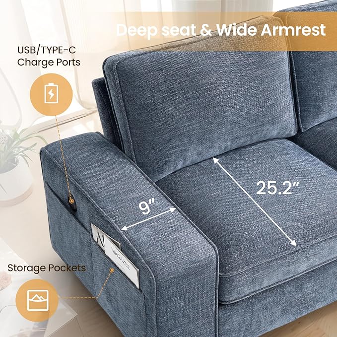 COHOME 100" L-Shaped Couch with Storage, Chenille Upholstered Deep Seat Couch for Living Room, Sofa with Reversible Chaise, Removable Covers, 3-Seater Apartment Sofa with Charge Ports,Light Blue - LeafyLoom