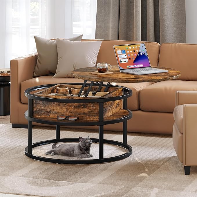 YITAHOME Round Lift Top Coffee Table, Coffee Tables for Living Room with Hidden Storage Compartment, Modern Coffee Table with Storage for Home Office,Round Center Tables Living Room,Rustic Brown - LeafyLoom
