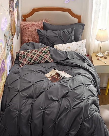 Bedsure Twin XL Comforter Set for Boys - Extra Long 5 Pieces Dorm Bedding Sets, Pinch Pleat Dark Grey Bed in a Bag with Comforter, Sheets, Pillowcase & Sham - LeafyLoom