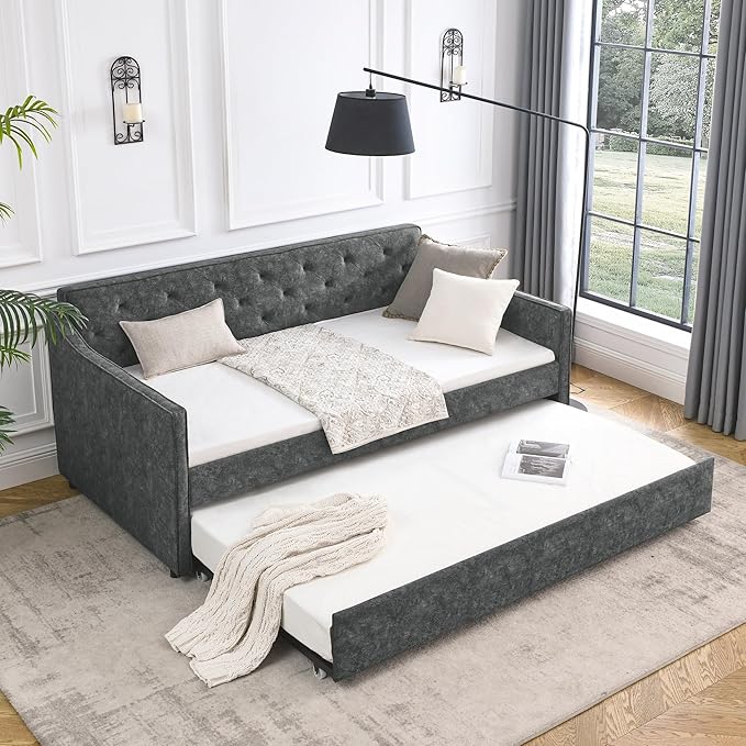 Size Upholstered Daybed with Twin Trundle, Solid Wooden Bed Frame w/Button Tufted Backrest and Waved Shape Arms, No Spring Box Need, for Kids, Bedroom, Dorm, Grey-4 - LeafyLoom