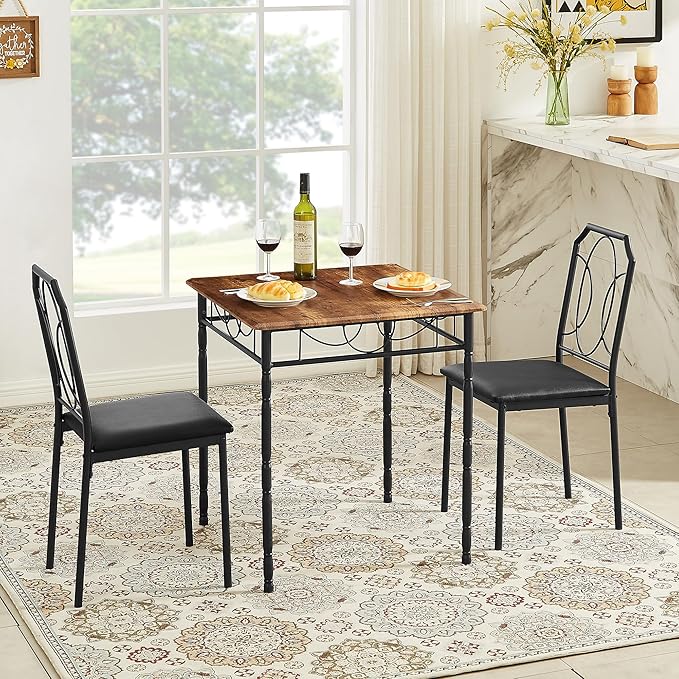 VECELO 3 Pieces Sets,43.3" Table&Chairs for 2,Industrial Counter Height Tabletop with Bar Stools, Rectangle Breakfast Chairs, Living Room, Apartment, Dining Table for 2, Brown - LeafyLoom