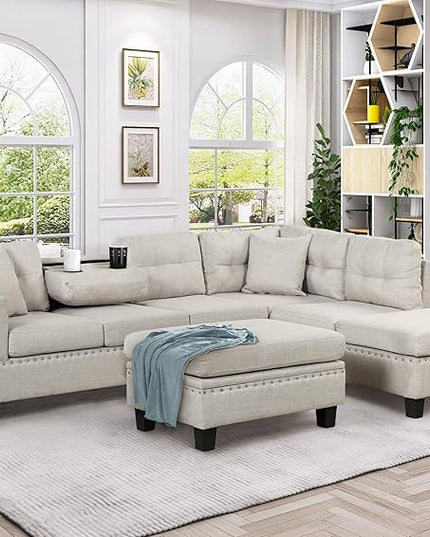104.5" Modern L-Shape Sectional Sofa with Reversible Chaise &Storage Ottoman, Linen Upholstered Couch w/Rivet Ornament, 2 Pillows and Cup Holder, for Living Room, Apartment - LeafyLoom