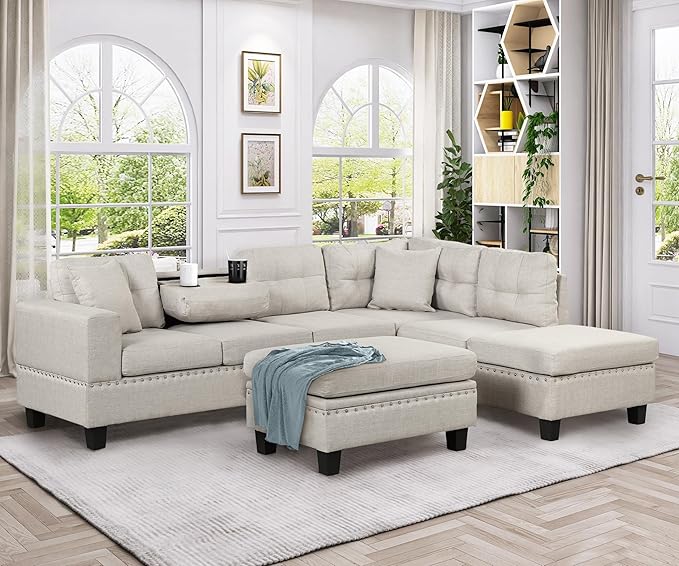 104.5" Modern L-Shape Sectional Sofa with Reversible Chaise &Storage Ottoman, Linen Upholstered Couch w/Rivet Ornament, 2 Pillows and Cup Holder, for Living Room, Apartment - LeafyLoom