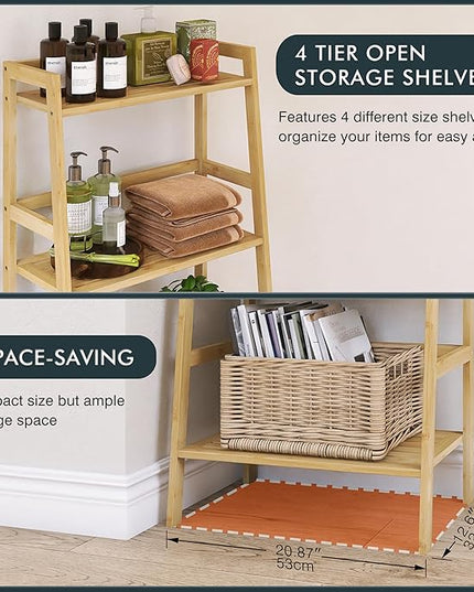 Ladder Shelf, 4-Tier Bookshelf, Bamboo Leaning Bookcase, Display Storage Rack Organizer, Freestanding Flower Plant Stand for Living Room, Home Office, Kitchen, Natural - LeafyLoom