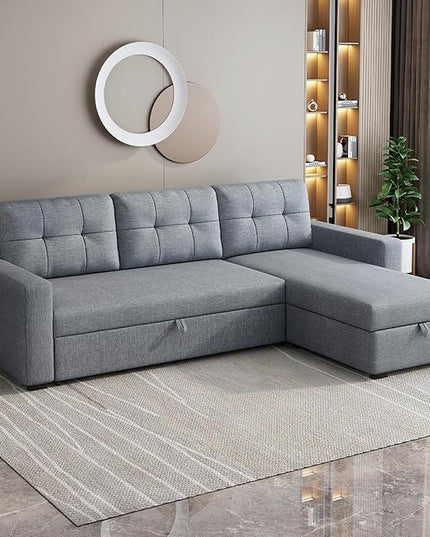Upholstered Sectional Storage Chaise and Pull, L-Shape Convertible Corner Couch, Reversible Sleeper Sofa-Bed,W/ 3 Back Cushions,for Living Room,Office,(Light Grey), 81.5" - LeafyLoom