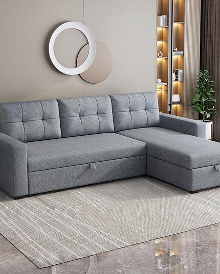 Convertible Sectional Sleeper Sofa with Storage Chaise,L Shaped Pull Bed W/ 3 Removable Back Cushions,Linen Upholstered Corner-Couch for Living Room,Office,Apartment,Light Grey,81.5" - LeafyLoom