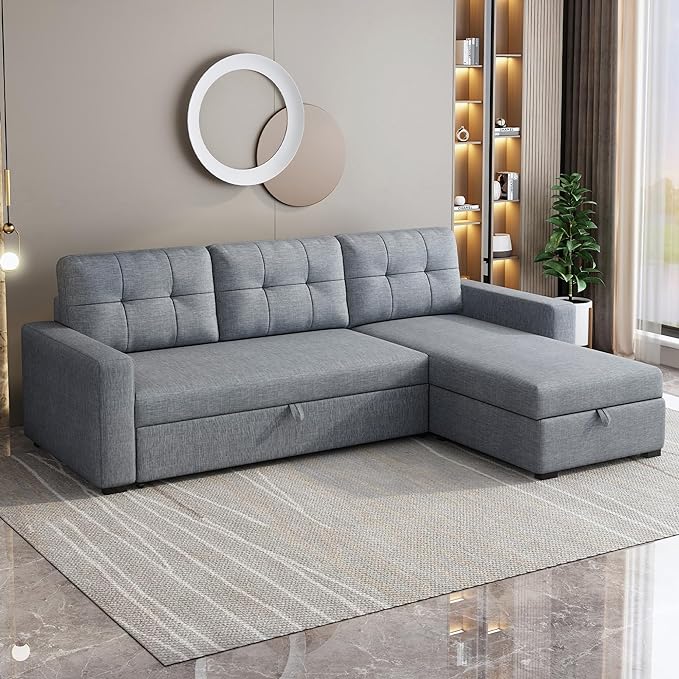 Convertible Sectional Sleeper Sofa with Storage Chaise,L Shaped Pull Bed W/ 3 Removable Back Cushions,Linen Upholstered Corner-Couch for Living Room,Office,Apartment,Light Grey,81.5" - LeafyLoom