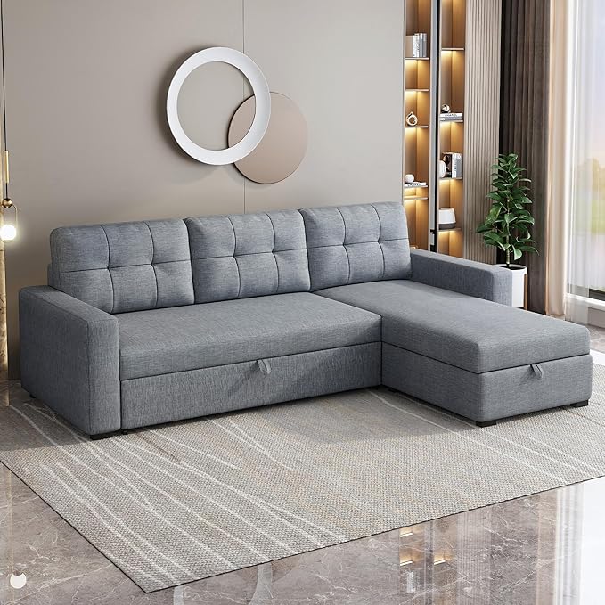 81.5" Sectional Sleeper Sofa with Storage Chaise, L Shaped Pull Out Couch Bed with 3 Removable Back Cushion for Living Room,Apartment,Office,Light Grey - LeafyLoom