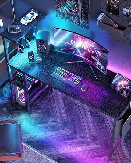 Bestier Gaming Desk with LED Lights, Computer Desk with 4 Tiers Reversible Shelves, 51.3 Inch Home Office Writing Desk with Side Storage Bag, Hooks and Height Adjustable Shelf (Black Grained) - LeafyLoom