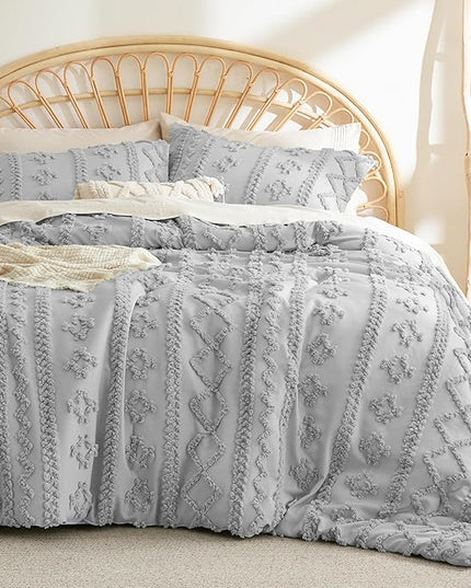 Bedsure Tufted Boho Comforter Set Queen - Grey Boho Bedding Comforter Set, 3 Pieces Farmhouse Shabby Chic Embroidery Bed Set, Soft Jacquard Comforter for All Seasons - LeafyLoom