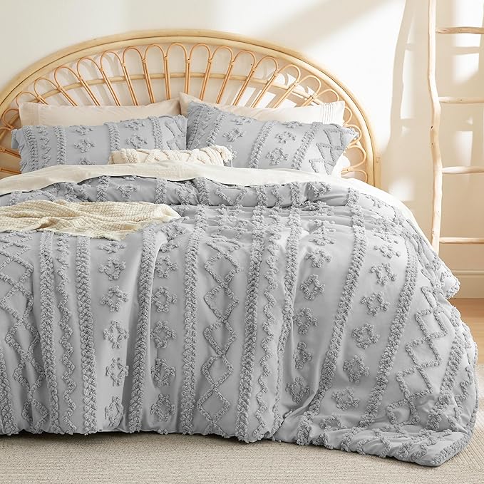 Bedsure Twin/Twin XL Comforter Set Dorm Bedding - Grey Boho Bedding Comforter Set, 2 Pieces Farmhouse Shabby Chic Embroidery Bed Set, Soft Jacquard Tufted Comforter for College - LeafyLoom
