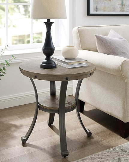 Powell Pewter Metal and Rustic Wood Side Table Franklin Dining - LeafyLoom