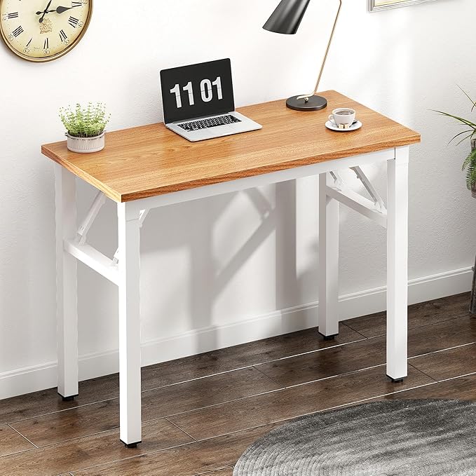 Need Small Computer Desk 31.5 inches Folding Table No Assembly Sturdy Small Writing Desk Folding Desk for Small Spaces, Teak & White AC5-8040-BW - LeafyLoom
