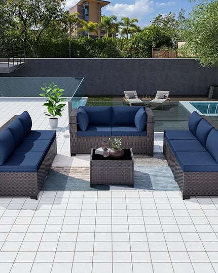 Patio Furniture Set 9-Pieces Outdoor Furniture for Backyard Wicker Sectional Sofa Set, Rattan Patio Conversation Set with Thickened Cushions and Glass Coffee Table, Navy Blue - LeafyLoom
