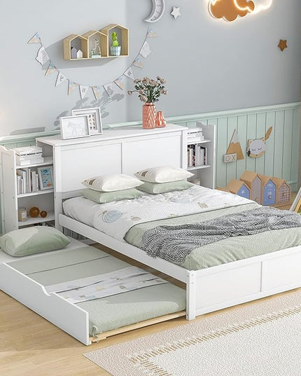 Full Size Bed Frame with Headboard and Twin Trundle, Wood Full Size Platform Bed with Pull Out Storage Shelves Headboard for Bedroom, White - LeafyLoom