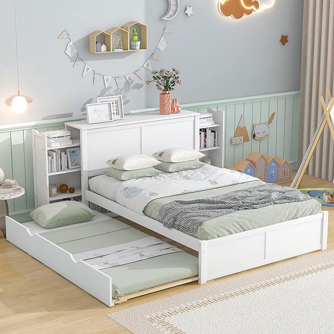 Full Size Bed Frame with Headboard and Twin Trundle, Wood Full Size Platform Bed with Pull Out Storage Shelves Headboard for Bedroom, White - LeafyLoom