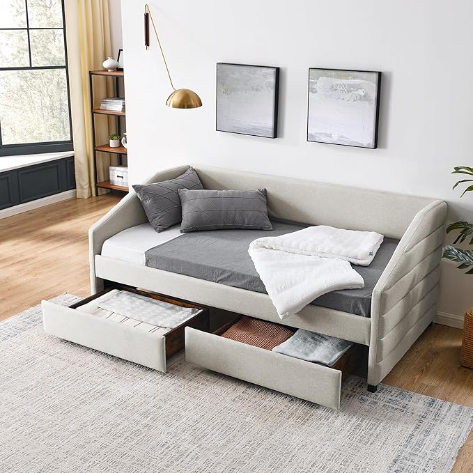 Linen Upholstered Twin Size Daybed with Two Storage Trundle Drawers, Solid Wood Tufted Sofa Bed Frame for Bedroom, Guest Room, Dorm, No Box Spring Needed, Space-Saving Design, Beige - LeafyLoom