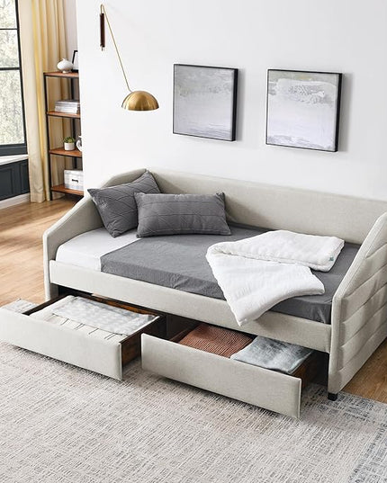 Linen Upholstered Twin Size Daybed with Two Storage Trundle Drawers, Solid Wooden Bed Frame w/Tufted Decorate, No Box Spring Needed, Space-Saving Design - LeafyLoom
