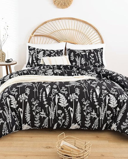 JANZAA Queen,3 PCS Floral Comforter Set with Comforter, Black, Soft Microfiber Bedding Set with 2 Pillow Cases - LeafyLoom