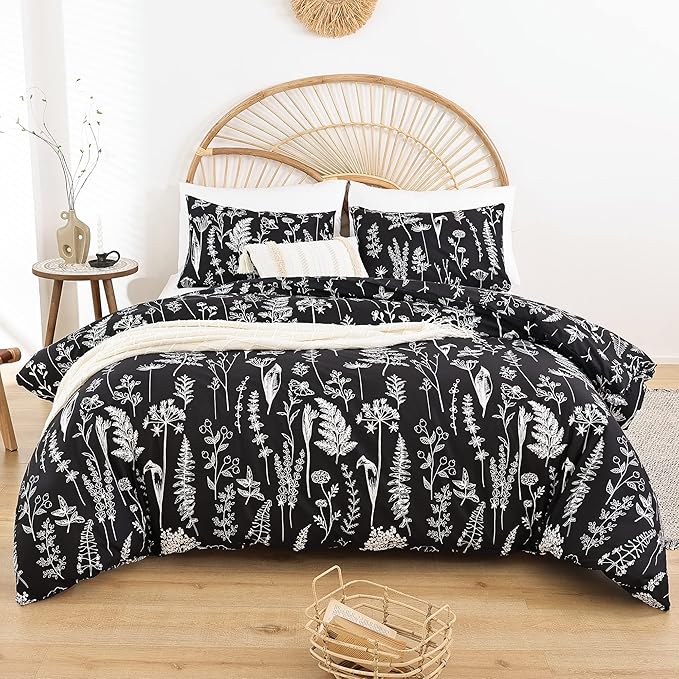 JANZAA Queen,3 PCS Floral Comforter Set with Comforter, Black, Soft Microfiber Bedding Set with 2 Pillow Cases - LeafyLoom