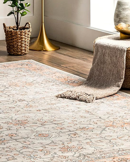 nuLOOM Marlena Faded Floral Machine Washable Ultra Thin Area Rug, 8' x 10', Peach - LeafyLoom