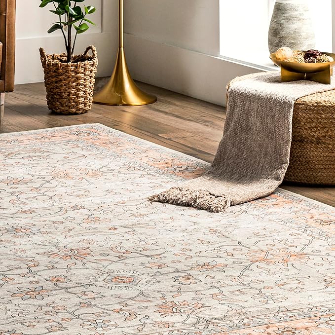 nuLOOM Marlena Faded Floral Machine Washable Ultra Thin Area Rug, 8' x 10', Peach - LeafyLoom