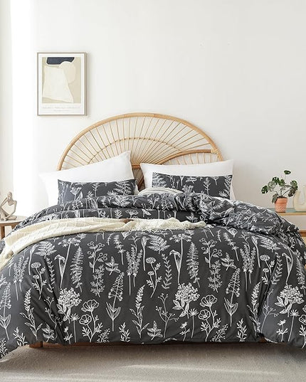JANZAA Queen Comforter Set Dark Grey Comforter set Floral Comforter with 2 Pillow Cases Fluffy Microfiber Comforter Set for All Season Using Soft Comforter Set Boho - LeafyLoom
