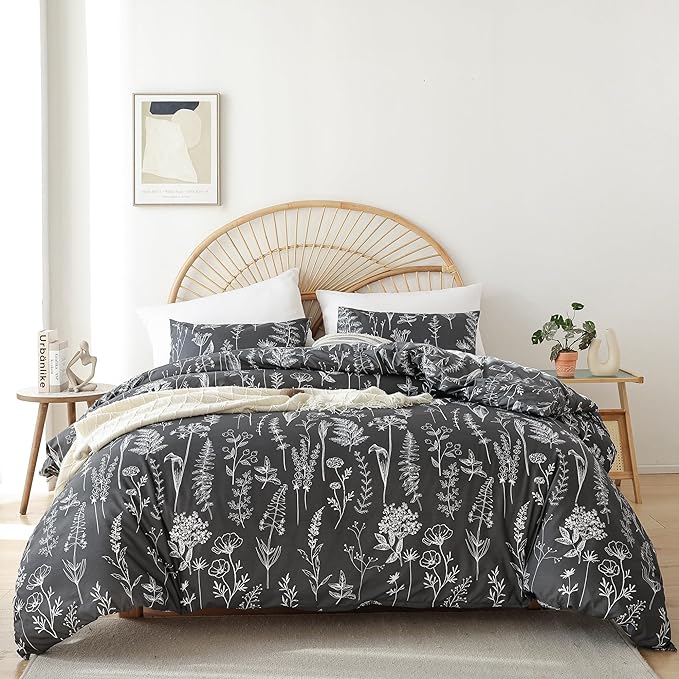 JANZAA Queen Comforter Set Dark Grey Comforter set Floral Comforter with 2 Pillow Cases Fluffy Microfiber Comforter Set for All Season Using Soft Comforter Set Boho - LeafyLoom