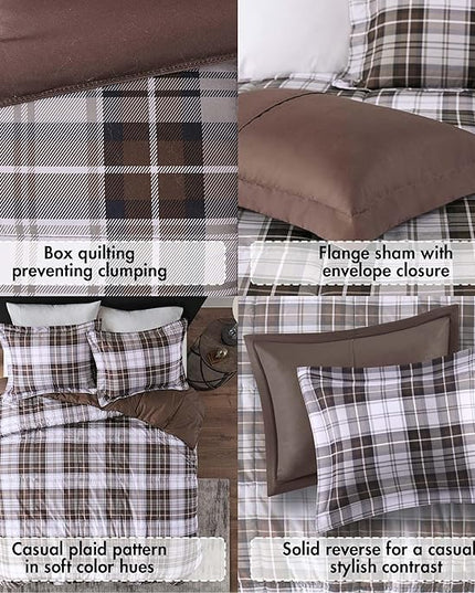 Madison Park Essentials Parkston Plaid Comforter, Matching Sham, 3M Scotchguard Stain Release Cover, Hypoallergenic All Season Bedding-Set, Twin/ Twin XL, Brown, 2 Piece - LeafyLoom