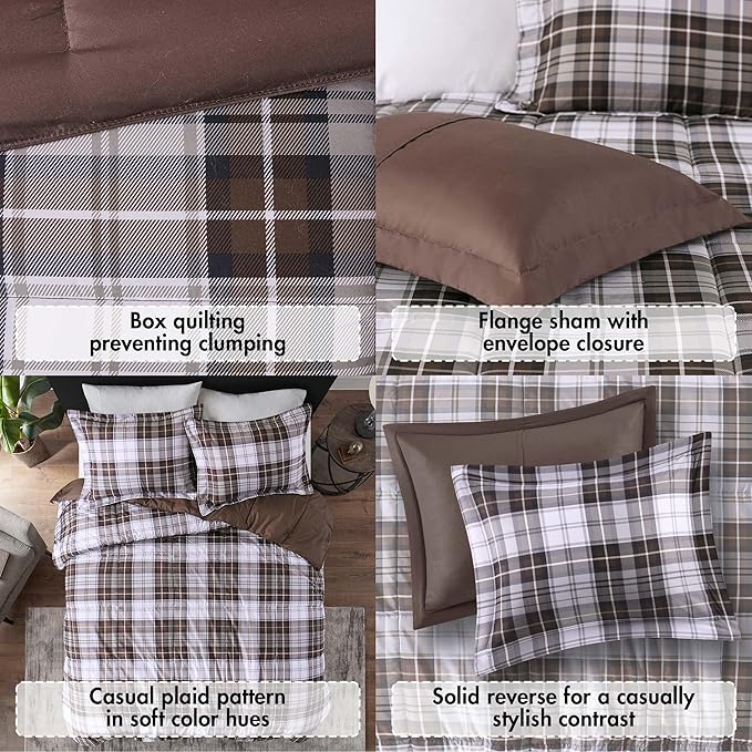 Madison Park Essentials Parkston Plaid Comforter, Matching Sham, 3M Scotchguard Stain Release Cover, Hypoallergenic All Season Bedding-Set, Twin/ Twin XL, Brown, 2 Piece - LeafyLoom