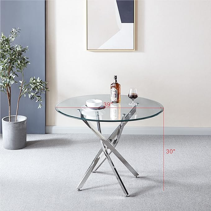 NicBex Dining Table Contemporary Kitchen Table Farmhouse Rustic Artisan Contemporary Round Clear Dining Tempered Glass Table with Chrome Legs Round Dining Table, Easy Assembly, Clear + Silver - LeafyLoom