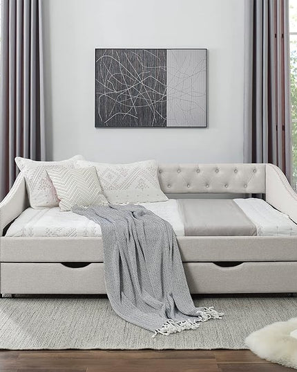 Full Size Daybed with 2 Storage Drawers,Linen Upholstered Sofa Bed W/Button on Back & Copper Nail on Waved Shape Armrests,No Spring Box Need,Wood Bedframe for Living Room Bedroom Dorm,Beige - LeafyLoom