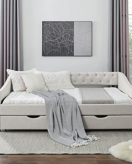 Full Size Daybed with Two Drawers, Upholstered Tufted Sofa Bed, with Nailhead Trim,with Button on Back,for Bedroom,Livingroom, Small Space,Beige (80.5''x55.5''x27.5'') - LeafyLoom