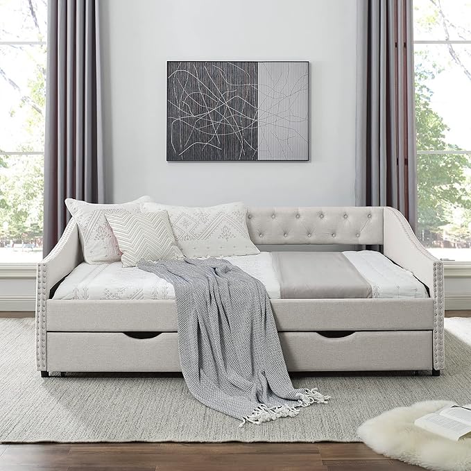 Full Size Daybed with Two Drawers, Upholstered Tufted Sofa Bed, with Nailhead Trim,with Button on Back,for Bedroom,Livingroom, Small Space,Beige (80.5''x55.5''x27.5'') - LeafyLoom