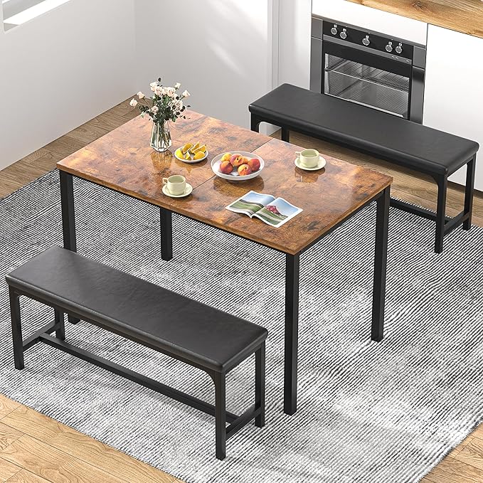 VECELO 3-Piece 63" Extendable Kitchen Table with Benches/Chairs Modern Breakfast Dinette/Dining Room Set for 4/6/2, Small Space Saving Design, Easy Assembly, Retro - LeafyLoom