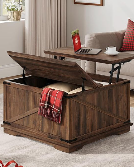 YITAHOME Farmhouse Lift Top Coffee Table, Square Wood Center Table with Large Hidden Storage Compartment for Living Room, Rustic Cocktail Table with Lift Top for Home Office,Reclaimed Barnwood - LeafyLoom