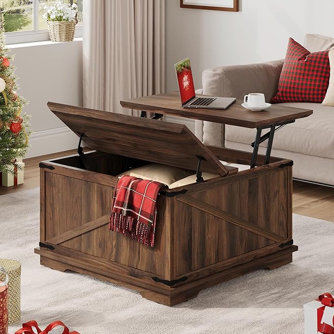 YITAHOME Farmhouse Lift Top Coffee Table, Square Wood Center Table with Large Hidden Storage Compartment for Living Room, Rustic Cocktail Table with Lift Top for Home Office,Reclaimed Barnwood - LeafyLoom
