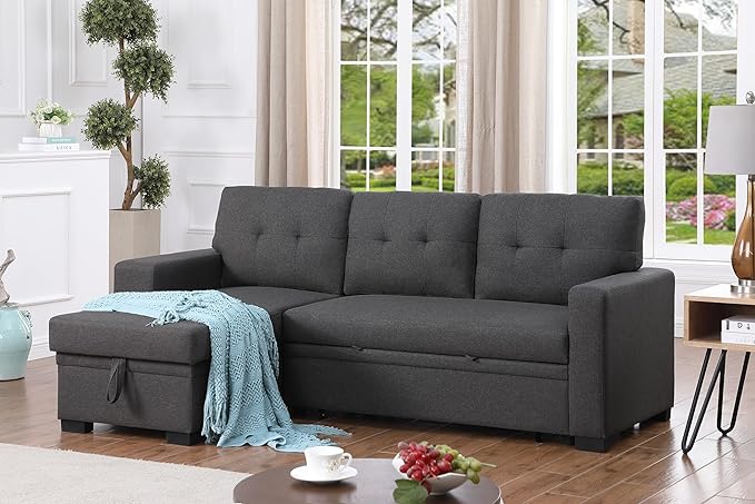 92" L-Shape Sectional Sofa with Storage Chaise Pull-out bed, Linen Tufted Upholstery Corner Couch W/Side Open Cup Holder for Living Room, Apartment,Office,Home Furniture Sets,Dark Gray - LeafyLoom