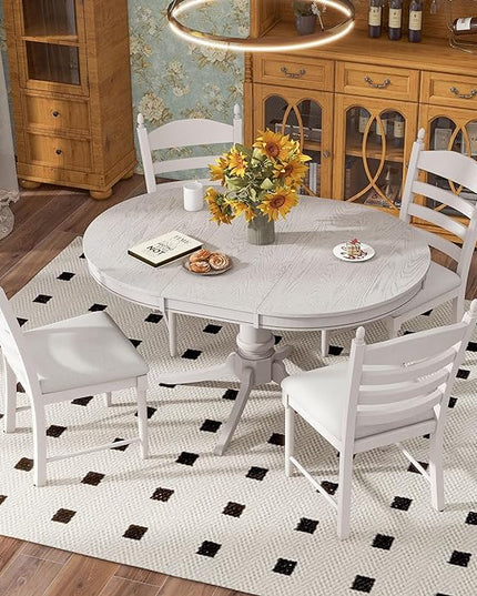 NicBex Round Dining Table Kitchen & Dining Room Tables 5-Piece Retro Functional Dining Table Set Wood Round Extendable Dining Table and 4 Upholstered Dining Chairs, Antique White - LeafyLoom