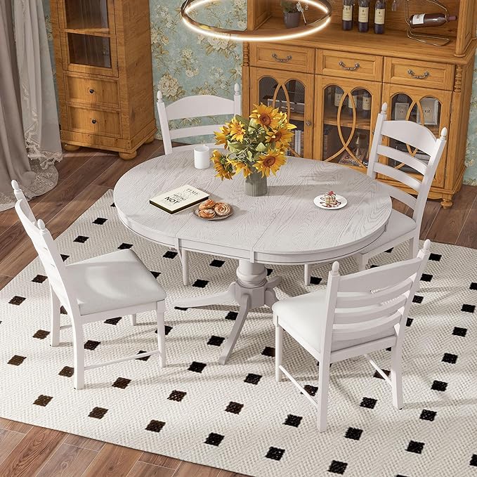 NicBex Round Dining Table Kitchen & Dining Room Tables 5-Piece Retro Functional Dining Table Set Wood Round Extendable Dining Table and 4 Upholstered Dining Chairs, Antique White - LeafyLoom