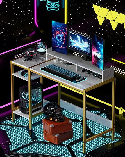 Gaming Desk with Monitor Stand, Storage and Marble Design - Adjustable Home Office Writing Desk - LeafyLoom