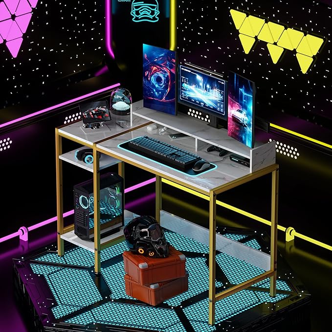 Gaming Desk with Monitor Stand, Storage and Marble Design - Adjustable Home Office Writing Desk - LeafyLoom